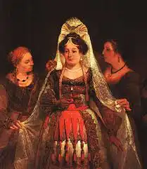 Pintura de uma mulher de cabelos castanhos usando um vestido de noiva antigo. Há duas melheres, uma de cada lado da noiva. 